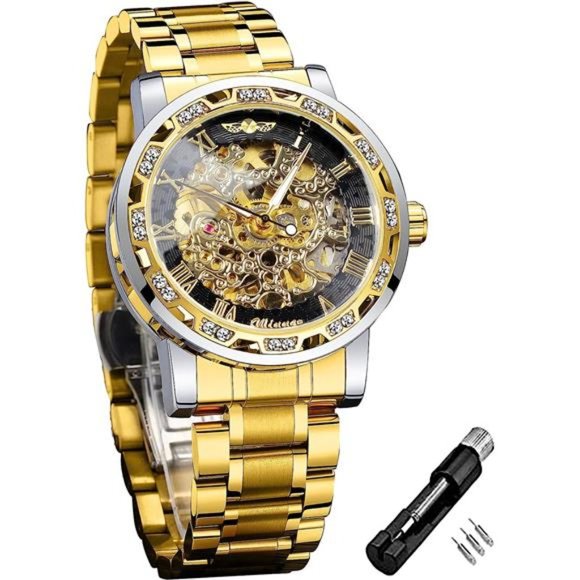 Retro Manual Mechanical Skeleton Watch with Diamond and Carving Flower, Gold 1 - Picture 1 of 6